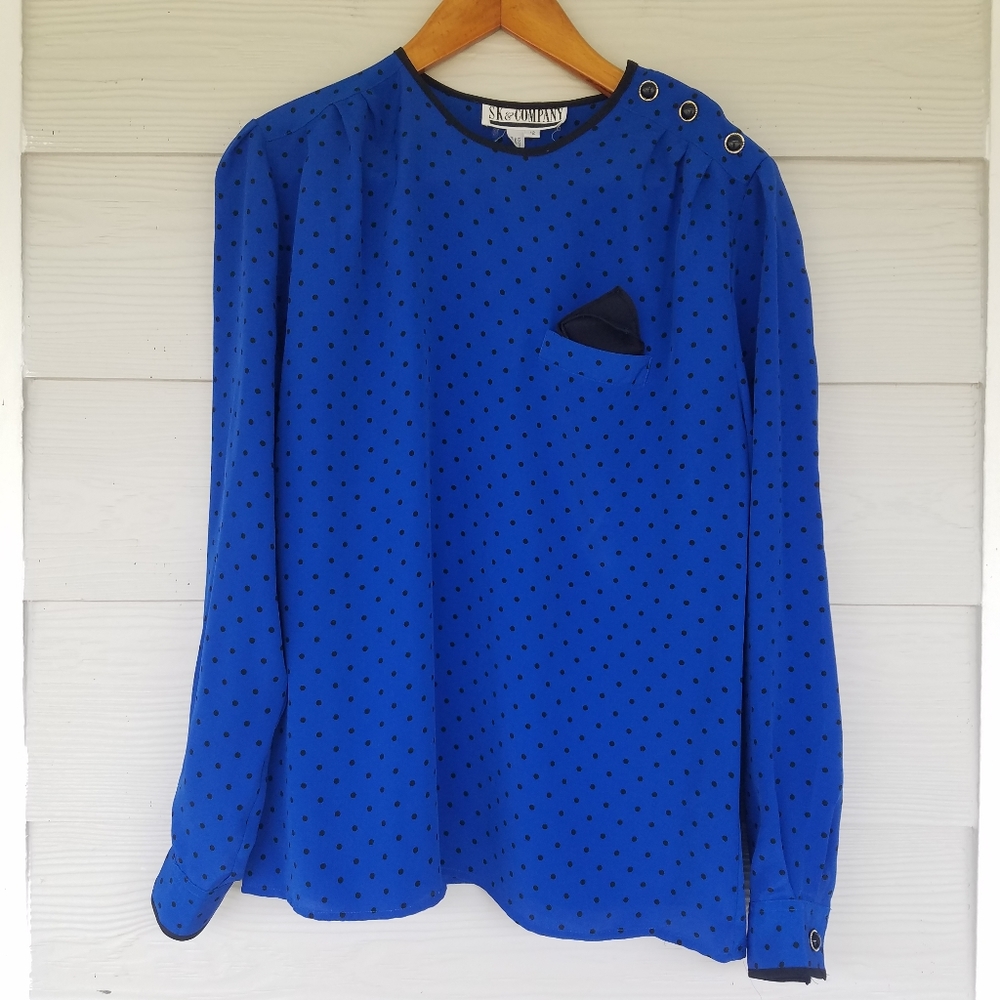 Womens Vintage 80s Twee Polka Dot Long-sleeve Blouse Size 12 Kerchief Career